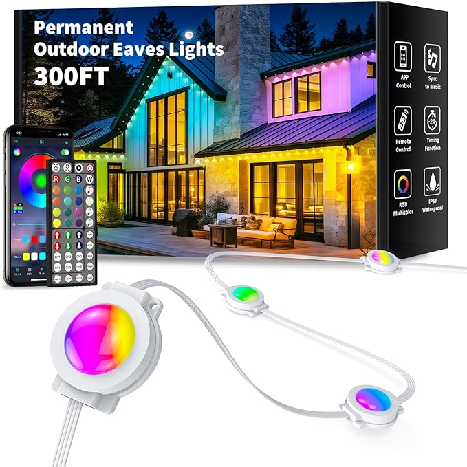 300FT Permanent Outdoor Lights Smart RGB Eaves Lights with App/Remote Control LED IP67 Waterproof Outdoor Lighting for Halloween Christmas Holidays Daily Party House Roof Lighting