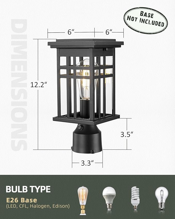 HWH INVESTMENT Outdoor Post Lantern Dusk to Dawn Patio Pole Lamp Post for Yard Garden Waterproof Exterior Lamp Post Lantern with Photocell Sensor Clear Glass 5HD36P PC BK