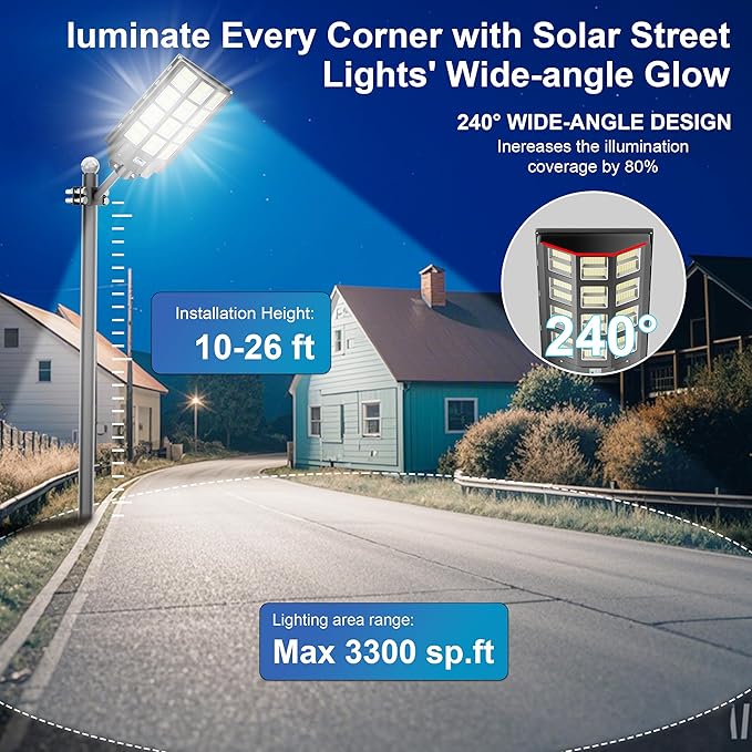 8000W Solar Street Light Outdoor Waterproof 240000LM Solar Powered Parking Lot Lights Large Street Light Dusk to Dawn with Motion Sensor LED Flood Light Wide Angle Lamp for Patio and Parkling Lot