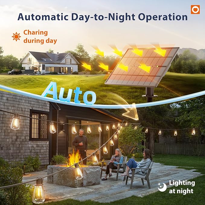 addlon 150FT(144+6) Solar String Lights Outdoor with Remote Long-Lasting Waterproof Patio Lights Dimmable &amp Timable Hanging Solar Light with 45 LED Bulbs for Outside Yard Garden Camping Gaze