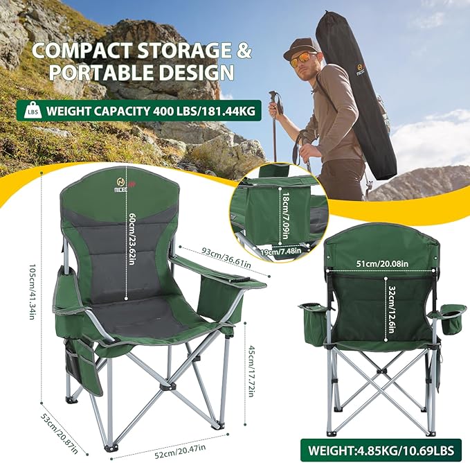 Nice C Heated Camping Chair with Battery Heated Outdoor Sports Chair Folding Chairs with Cooler Bag Cup Holder Carry Bag 10000 mAh Power Bank Included (Green&ampGrey Set of 2)