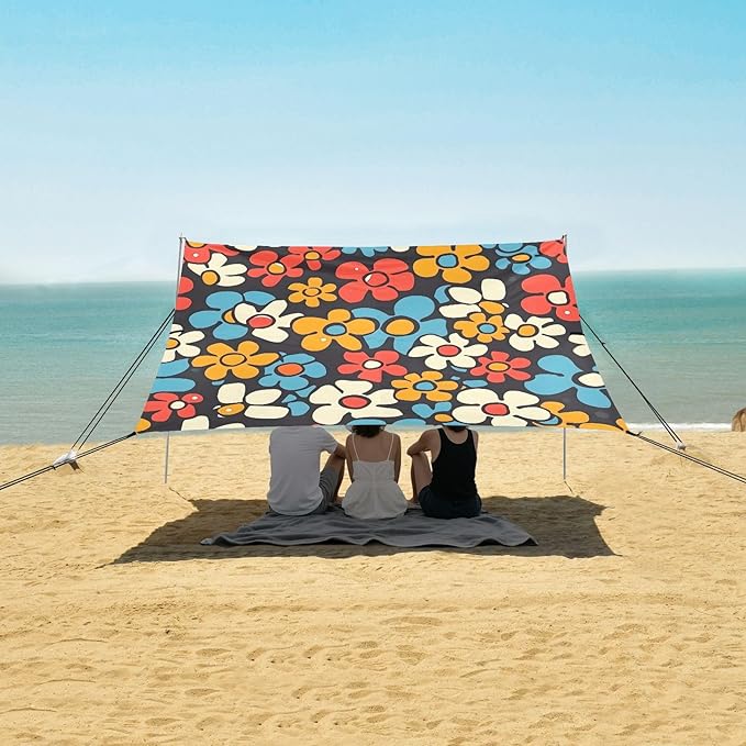 Camping Sun Shelters Groovy Pattern with Flowers Beach Canopy 126 * 110.2in