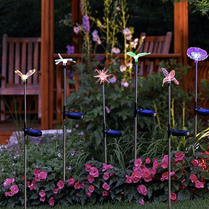 Glintoper 6 Pack Solar Garden Stake Lights Outdoor Solar Butterfly Figurine Lights Multi-Color Changing LED Landscape Lighting Sparkling Star Flower Hummingbird Dragonfly Bee for Patio Yard Pathway
