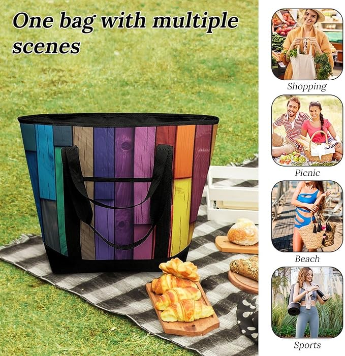 Insulated Shopping BagLarge Reusable Cooler Bags Colored Wood Printed Foldable Shopping BagTravel Waterproof Shoulder Bag