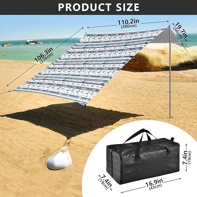 ALAZA Seafish Anchor Stripe Beach Tent Sun Shelter UPF50+ Protection Beach Shade Canopy w/ 4 Sandbags for Outdoor Camping Fishing Backyard Fun Picnic 10x9 ft