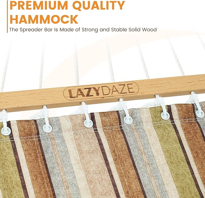 Lazy Daze Hammocks 12 FT Quilted Fabric Double Hammock with Spreader Bars and Detachable Pillow 450lbs Weight Capacity Brown Stripe