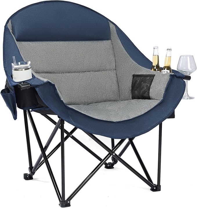 Oversized Camping Chairs for Adults - Heavy Duty Padded Outdoor Folding Lawn XL Camp Chair with Cup Holder Cooler Pockets for Sports Beach Fishing Garden Portable Supports 500lbs Blue/Grey
