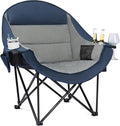 Oversized Camping Chairs for Adults - Heavy Duty Padded Outdoor Folding Lawn XL Camp Chair with Cup Holder Cooler Pockets for Sports Beach Fishing Garden Portable Supports 500lbs Blue/Grey