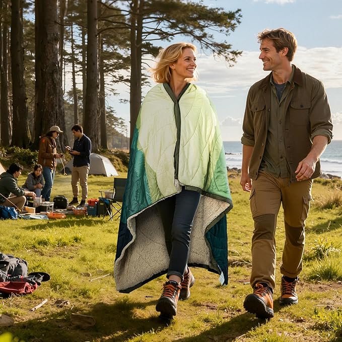 Outdoor Camping Blanket - Puffy Camping Blanket PackableSherpa Fleece Warm Blanket for Camping Outdoors Travel Stadium Festivals Beach Hammock 56x 78 Machine Washable DWR Lightweight