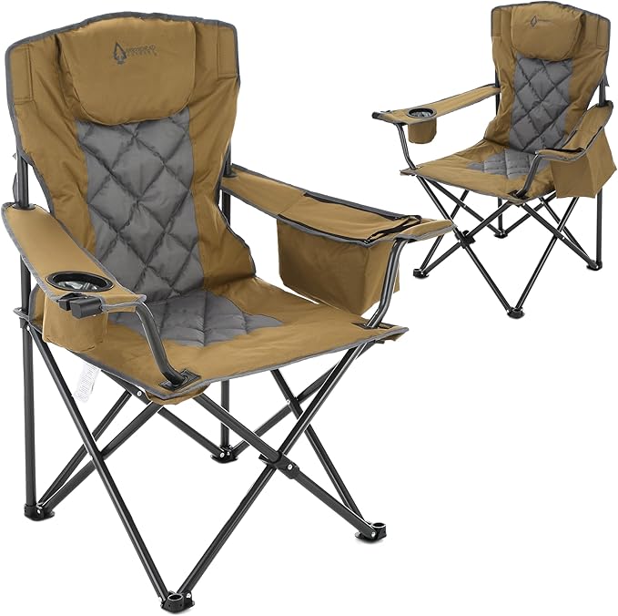 ARROWHEAD OUTDOOR 2-Pack Portable Folding Camping Quad Chair w/ 6-Can Cooler Cup &amp Wine Glass Holders Heavy-Duty Carrying Bag Padded Armrests Headrest &amp Seat Supports up to 550lbs