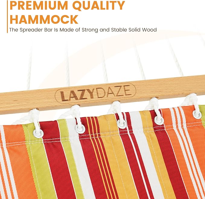 Lazy Daze Hammocks 12 FT Quilted Fabric Double Hammock with Spreader Bars and Detachable Pillow 450lbs Weight Capacity Vivid Stripe