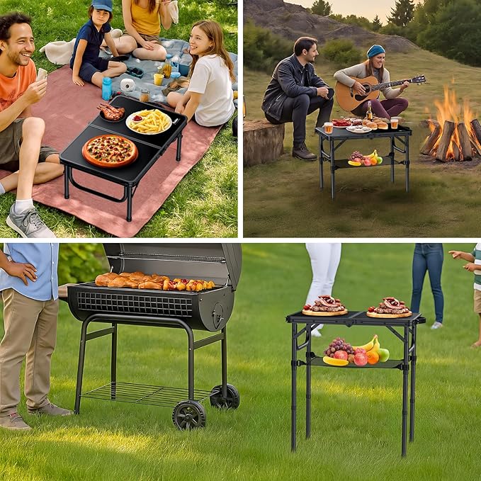 Anbte 2ft Folding Camping Table with Storage Net 3 Adjustable Heights Small Folding Table Lightweight &amp Portable with Carry Handle for Camping Fishing Picnic Beach Outdoor 22.8 x 15.7 Bl