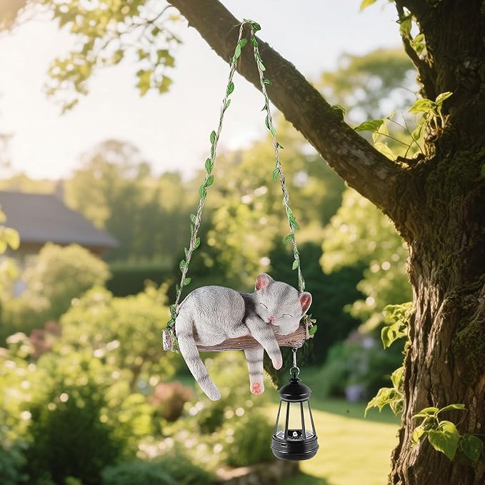 Solar Lighted Garden Outdoor Statue 22.6 H Hanging Swing Lying with A Sleeping Cat and A LED Lantern Resin Animal Figurine Hanging Ornaments with Hook for Decoration &amp Gift