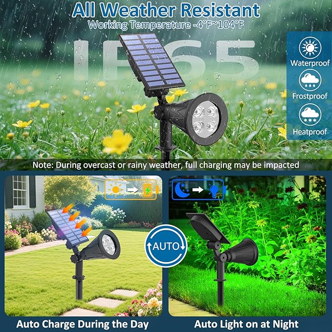 T-SUNUS Green Solar Spot Lights Outdoor 2 Pack IP65 Waterproof Garden Spotlights Auto On/Off for St Patricks Day Halloween Christmas Security Landscape Spotlight for Tree Patio Yard Driveway Pond