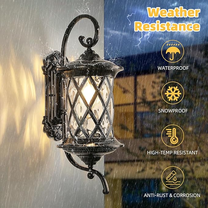 Retro Large Outdoor Wall Lanterns 24 Exterior Light Fixtures Coach Light Waterproof Aluminium with Water Glass Outside Wall Lamps for House Front Door Garage Porch Lighting Black