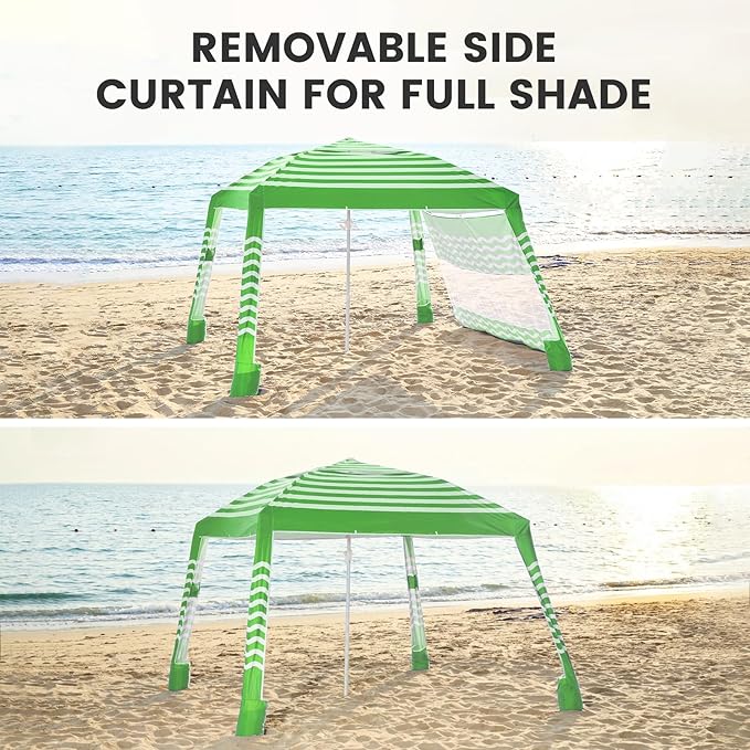 Zeraty Beach Cabana 8'×8' Portable Beach Canopy with Side Wall Easy Pop Up UPF 50+ Silver-Coated Beach Tent Sun Shelter Wind Resistant Adjustable Height Beach Umbrella Tent for Family Green
