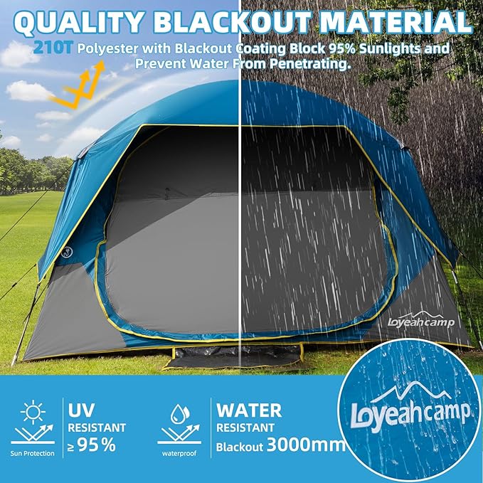 4/6 Person Blackout Camping Tent Easy Setup Waterproof Family Dome Tent for Camping with Rainfly Portable Double Layer Large Family Tent for Outdoor Camping&ampHiking