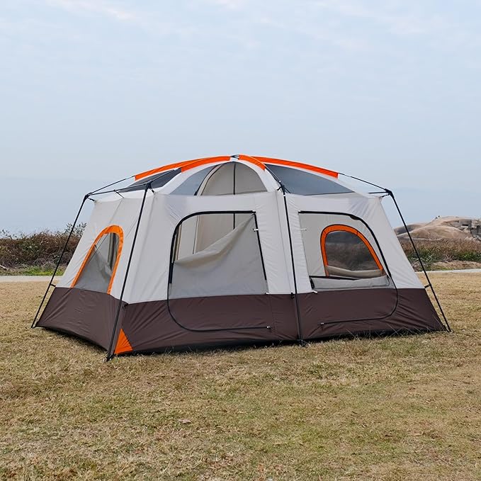 KTT Large Tent 8-10-12 PersonFamily Cabin Tents2 Rooms2 Doors and 4 Windows with MeshStraight WallWaterproofDouble LayerBig Tents for OutdoorPicnicCampingFamily Gathering