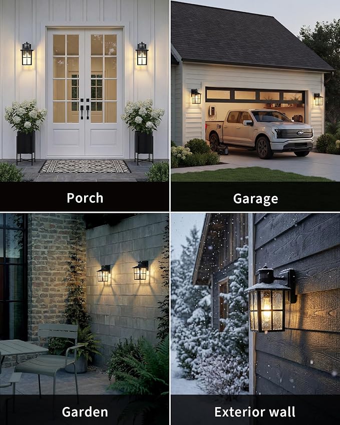KDG Outdoor Motion Sensor Patio Wall Light Fixtures Set of 2 Black E26 Socket Waterproof Lanterns with Tempered Glass Modern Wall Mounted Lamps Suitable for Home Front Door Garage Porch