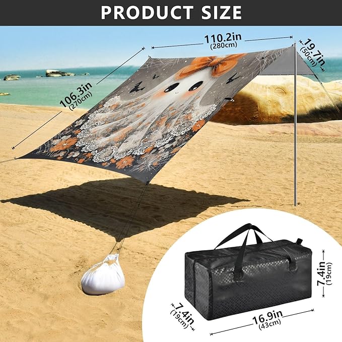 ALAZA Cute Ghost Bow Halloween Beach Tent Sun Shelter UPF50+ Protection Beach Shade Canopy w/ 4 Sandbags for Outdoor Camping Fishing Backyard Fun Picnic 10x9 ft