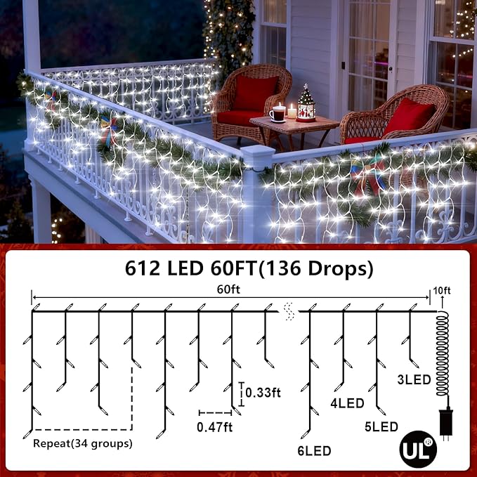 612 LED String lights Indoor Outdoor 60ft Christmas Window Lights with 136 Drops 12 Modes Dimmable Curtain Lights Fairy Lights for Bedroom Holiday Wedding Party Home Xmas Decorations Cool White