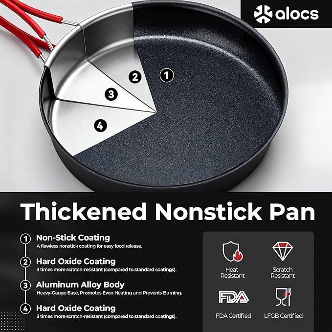 Alocs Camping Cookware Set Camping Gear Compact Camping Pots and Pans Set Durable Hard Alumina Camping Cooking Set for Outdoor Backpacking Camping Hiking Picnic Included Mesh Carry Bag