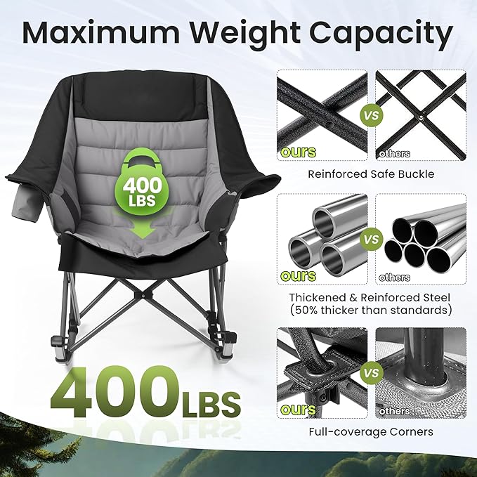 Oversized Rocking Camping Chair for Adults 400LBS Capacity Foldable Outdoor Rocker with Padded Seat Cup Holder Portable Camp Chair for Camping Backyard Patio Beach (Dark Black 2 PCS)
