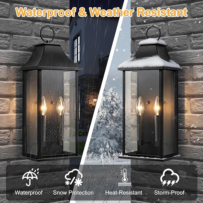 Outdoor Wall Lights Dusk to Dawn Waterproof Outside Wall Sconce Large Modern Wall Fixture with Glass Exterior Lamp for House Porch Garage 2-Light (20.6 Inch Black)