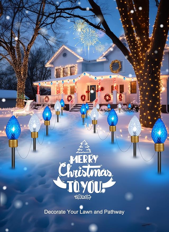 Brightown Strawberry Jumbo C9 Christmas Pathway Lights Outdoor -2 Pack Total 17 Feet 10 LED Jumbo C9 Walkway Lights Christmas Light Outdoor Decorations for Lawn Outside Holiday Blue &amp Pure White
