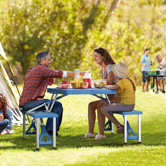 4Ft Folding Camping Picnic Table with 4 Chairs with Umbrella Hole Lightweight Suitcase Card Table-220 Lbs Support Aluminum Frame Plastic RV Tabletop for Outdoor Party Beach and Backyard