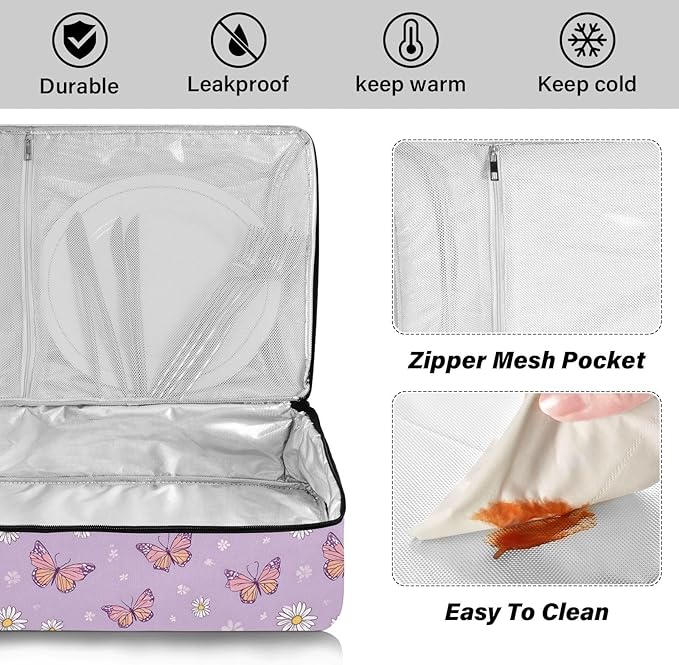 Casserole Carrier Cute Pattern Purple ButterflyInsulated Casserole Carrier for Hot or Cold Food Thermal Lunch Tote for Potluck Parties Picnic Beach Fits 9 x 13 Inches Baking Dish