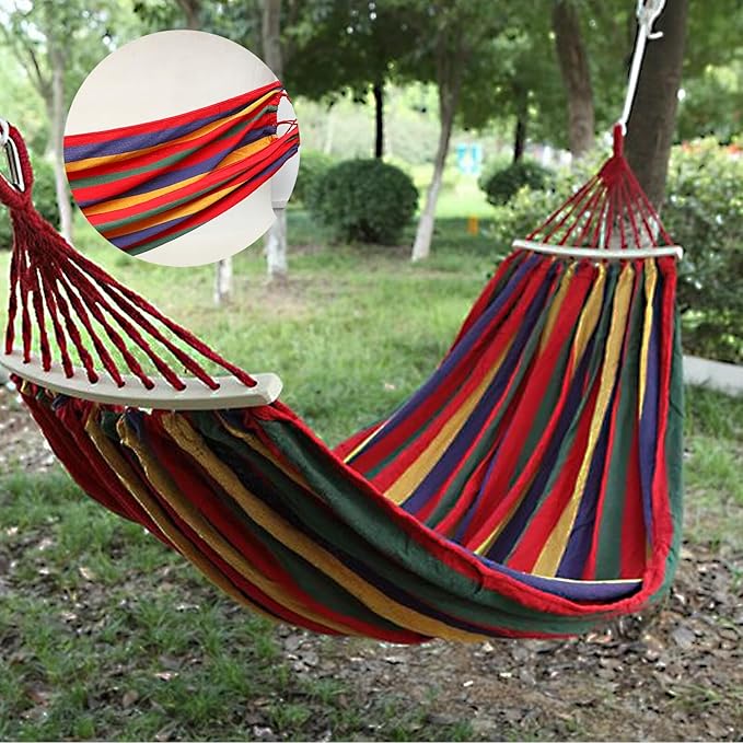 Cabilock Camping Travel Single Canvas Hammock 200x100cm Portable Outdoor Leisure Swing Hammock for Hiking Backpacking with Red Striped Widen Design