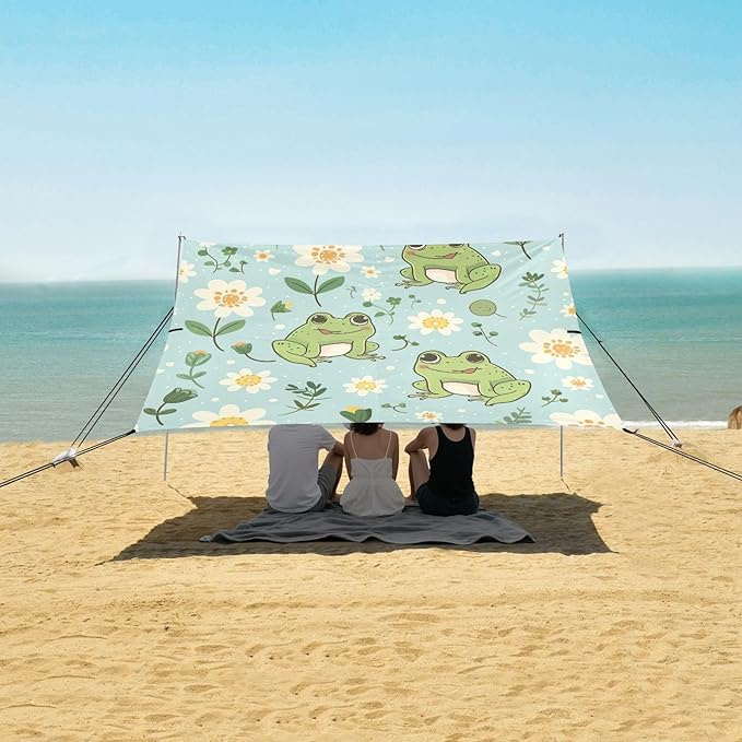 Cute Kawaii Frogs Beach Tent Sun Shelter 9.2' x 10.5' Beach Canopy with 4 Sandbags 4 Stability Poles Sand Shovels - Tent Canopy for Beach Camping Fishing Picnics