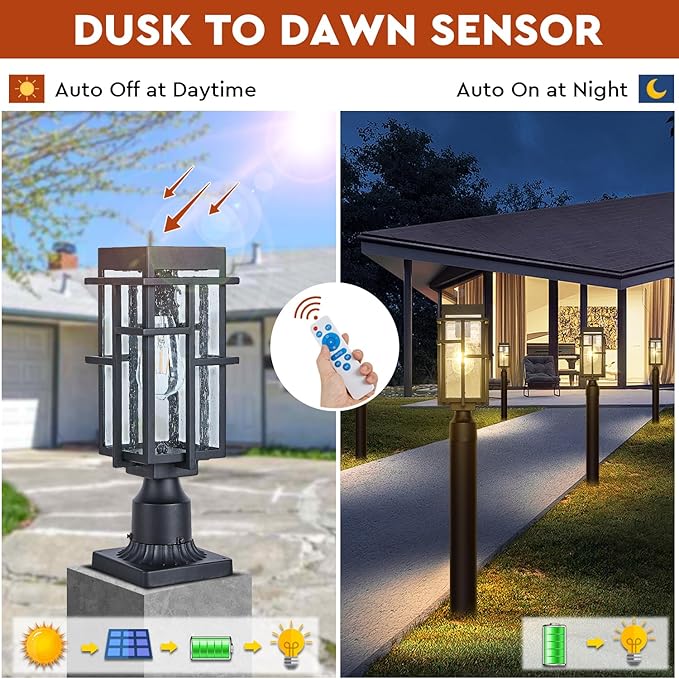 Outdoor Solar Lamp Post Light with Pier Mount Base Dusk to Dawn Aluminum Outside Solar Pillar Lights with Seeded Glass Waterproof Exterior Pole Light for Garden Pathway Patio Black