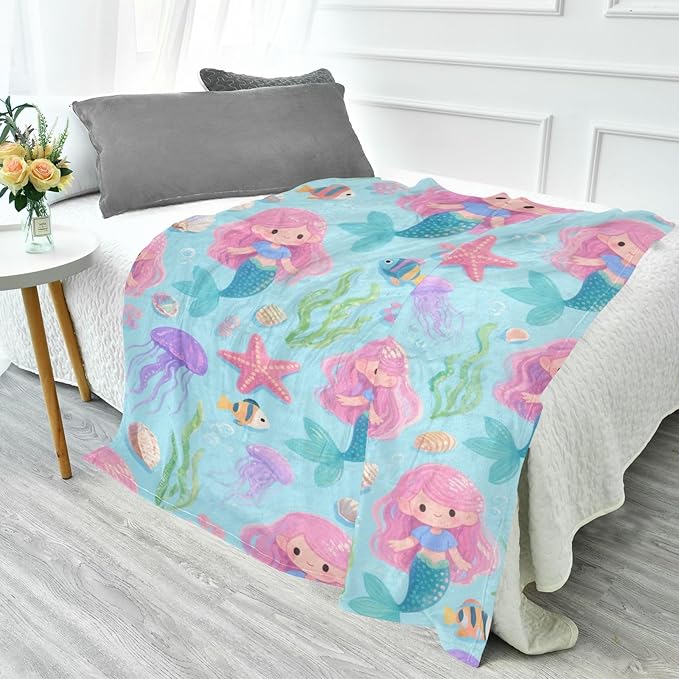 Throw Over Blanket Cute and Cartoonish Pink Mermaid Jellyfish Blanket Throw 50x70 Inches