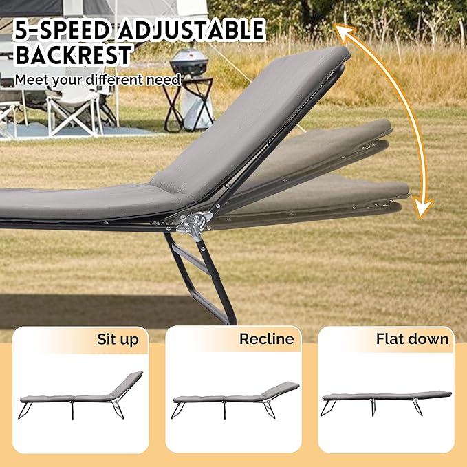 Folding Camping Cot for Adults 5-Angle Adjustable Camping Cot Heavy Duty Outdoor Bed with Carry Bag1200 D Layer Oxford Travel Camp Cots (Grey)