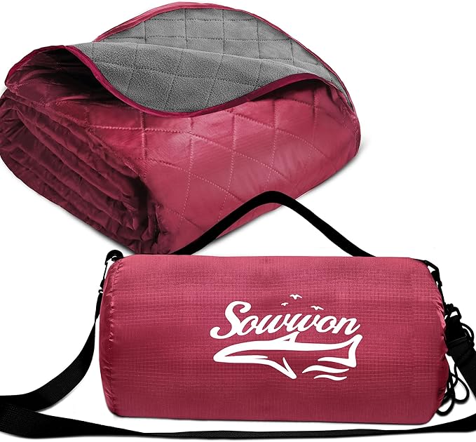 Waterproof Outdoor Blanket 82”X 55” Packable Stadium Blankets for Camping with Quilted Fleece Lining Large Windproof Emergency Throw Mat for Garss Picnic Hiking Road Trip Machine Washable Wine