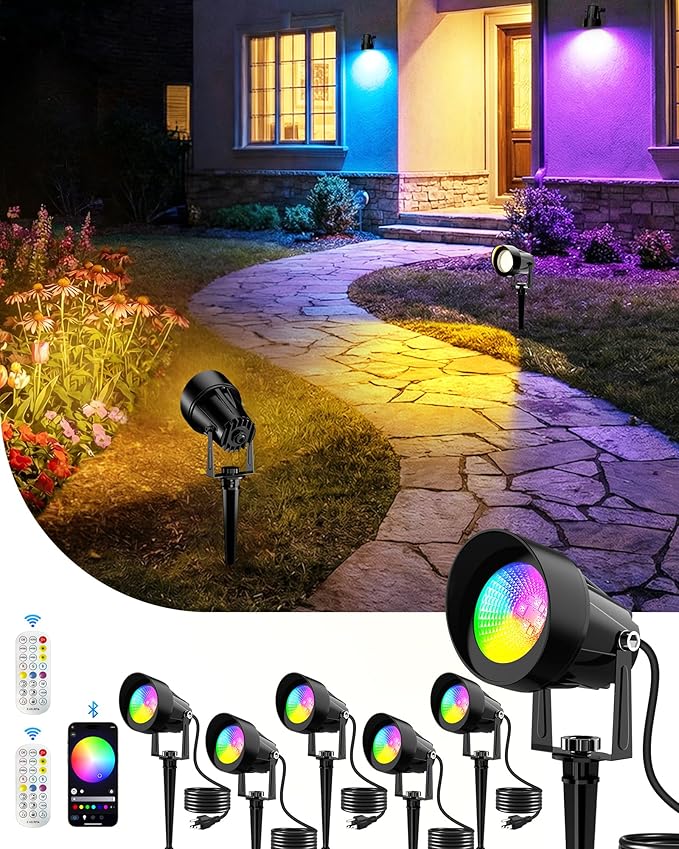 CORESLUX Christmas Smart Spot Lights Outdoor Color Changing Warm White Landscape Lights with APP and Remote Control Spotlight Waterproof for Garden Yard Patio Landscape 6 Pack