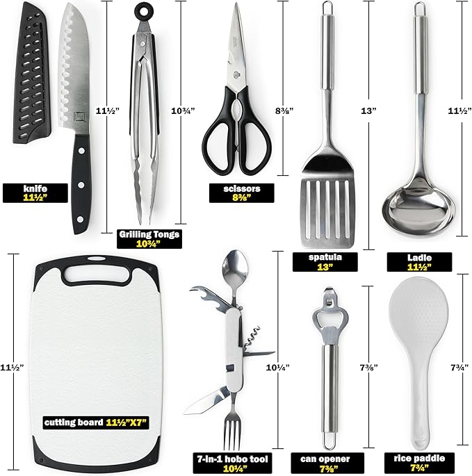 Wellmax 10-Piece Stainless Steel Camping Cooking Set – Compact All-in-One Cookware Kit with Utensils &amp Travel Bag for Campers Hikers Outdoor Adventures Grey Camo Color