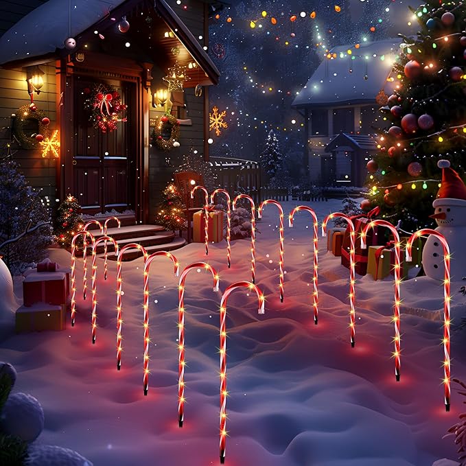 VCOKEN 30'' Christmas Candy Cane Pathway Markers Lights - Set of 10 Christmas Stakes Lights Outdoor Pathway Decorations Connectable &amp Light Up Xmas Holiday Party Yard Art Indoor Outdoor Ornament
