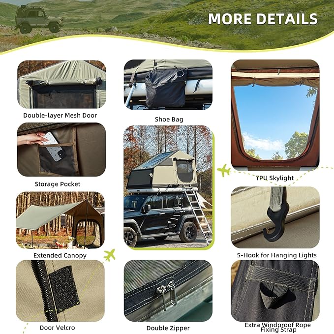 YOLENY Inflatable Camping Tent with Air Cushion Extended Canopy 2 TPU Skylight &amp Telescopic Ladder Roof-Top Compatible Blow Up Tent Waterproof Full Dull Poly Textured Oxford for 4 Season Use
