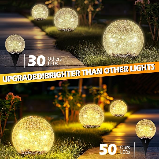 Coroor Garden Solar Ball Lights Outdoor Waterproof 50 LED Cracked Glass Globe Solar Power Ground Lights for Path Yard Patio Lawn Christmas Decoration Landscape Warm White(2 Pack 4.7'')
