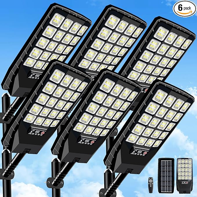 6 Pack Solar Street Lights Outdoor Waterproof 6500K 20000LM Wide Angle Solar Powered Flood Light with Motion Sensor &amp Remote ControlDusk to Dawn Commercial Solar Outdoor Light for Parking Lot