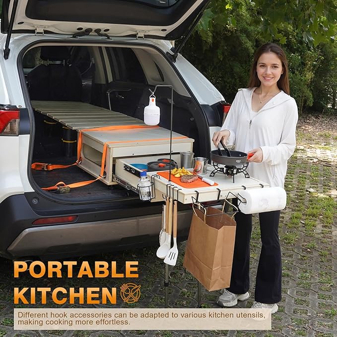 SUV Sleeping Bed Platform Slide Out Overland Kitchen All in One Folding Camping Table with Storage Drawer Truck Bed Slide Overland Gear for SUV Trunk Car Camping Essentials Stove