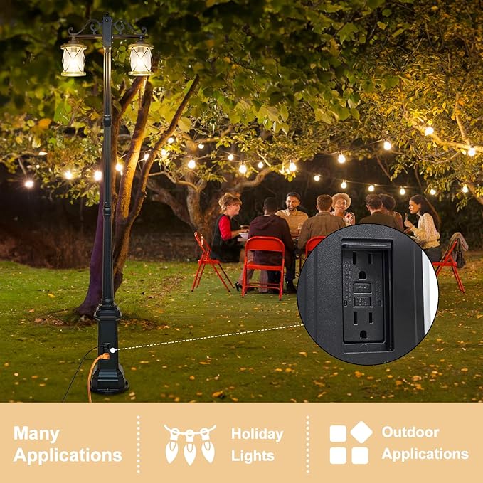 Dusk to Dawn Outdoor Lamp Post Lights with GFCI OutletDouble-Head Farmhouse Street Light FixtureAluminum Black Pole Exterior Lights Waterproof Lantern Outdoor Lighting (Heighten)