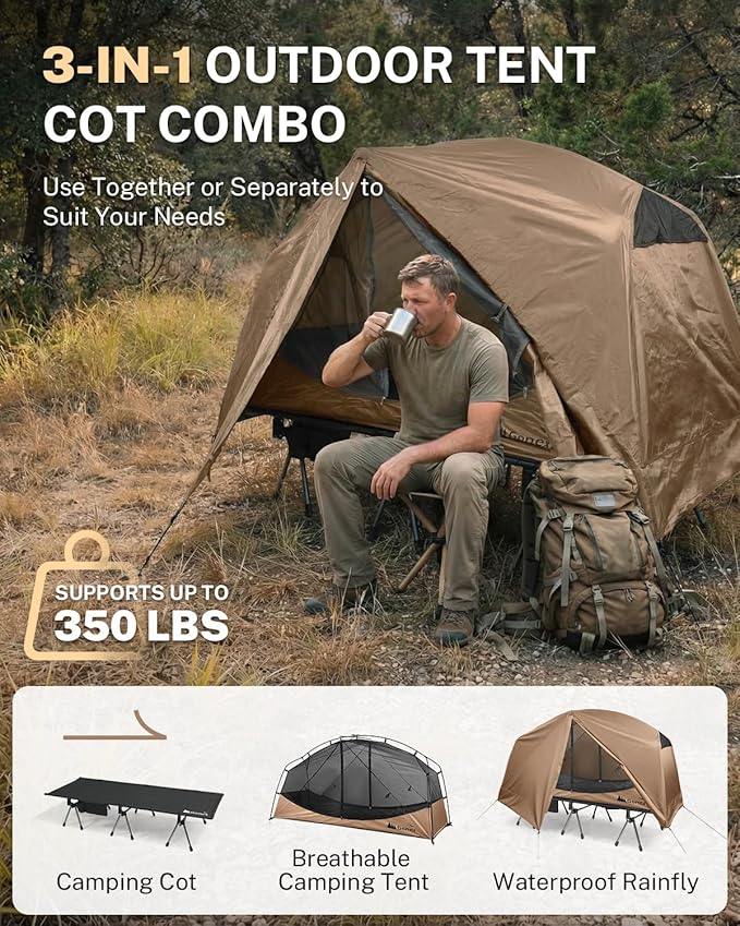 Gonex Camping Tent Cot for Adults 1-Person Off-Ground Folding Portable Easy Set-up Tent Cot Combo for Hiking Backpacking Car &amp Motorcycle Camping(31.5 W X 78.7 L)-Khaki