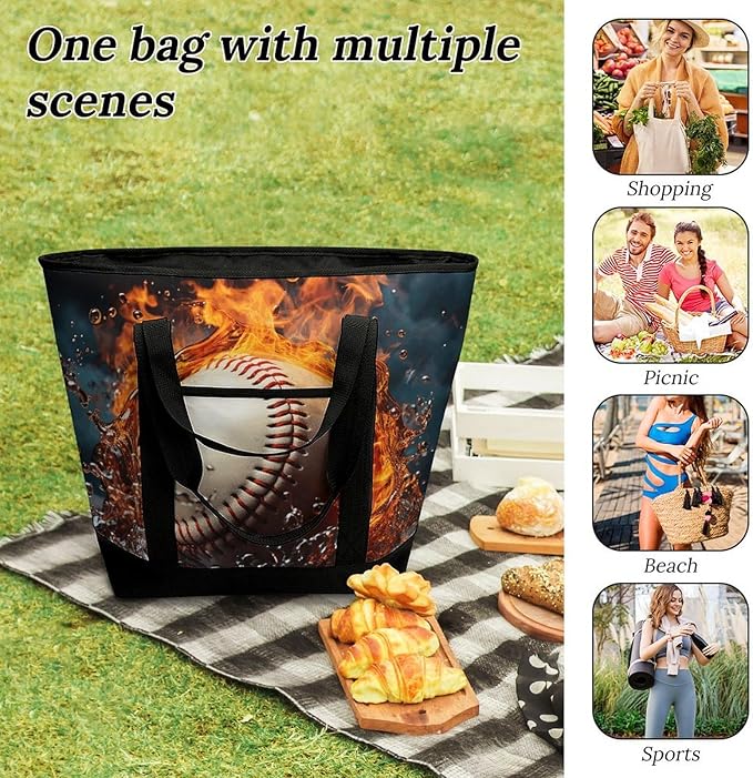 Insulated Shopping BagLarge Reusable Cooler Bags Fire Water Baseball Ball Printed Foldable Shopping BagTravel Waterproof Shoulder Bag
