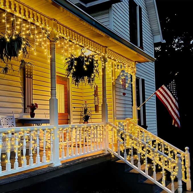QITONG Warm White Icicle Lights for Outside 66ft 800 LED String Lights Indoor with 8 Modes Clear Wire Connectable Icicle Christmas Light Plug in