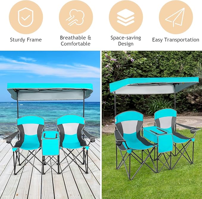 S AFSTAR Double Camping Chair w/Shade Canopy 2-Person Folding Camp and Beach Chair with Mini Table Beverage Cup Holder Carrying Bag Collapsible Camping Chairs for Garden Patio Pool Beach