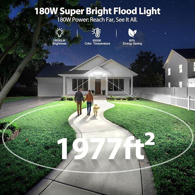 Olafus 180W Flood Lights Outdoor 18000LM Super Bright Security Lights with 5 Adjustable Heads IP65 Waterproof Hardwired Switch Controlled 6500K Aluminum LED Flood Light for House Yard White